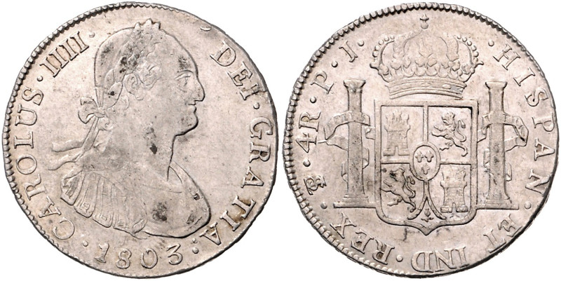 BOLIVIEN, Karl IV., 1788-1808, 4 Reales 1803 PTS PJ, Potosi. 13,36g.
ss+
KM 72...