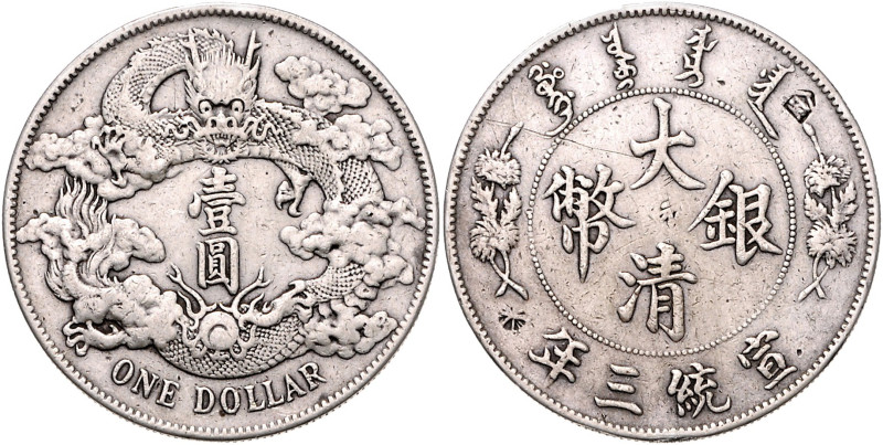 CHINA, Ching-Dynastie, 1644-1911, 10. Kaiser Hsüan T'ung, 1908-1911. Dollar Jahr...