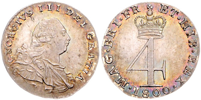 GROSSBRITANNIEN, Georg III., 1760-1820, 4 Pence 1800.
Prachtex., schöne Tönung,...