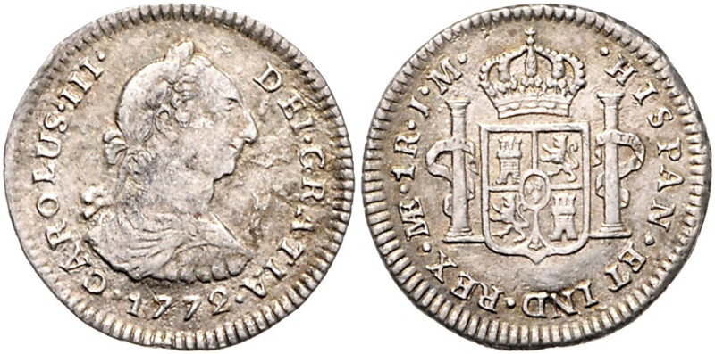 PERU, Carlos III., 1759-1788, Real 1772 LIMAE JM, Lima. 3,13g.
ss/f.vz
KM 75; ...