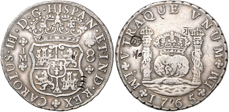 PERU, Carlos III., 1759-1788, 8 Reales 1765 LM JM, Lima. Chopmarks. 2(?) Punkte ...