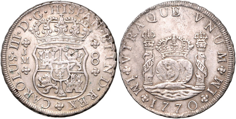 PERU, Carlos III., 1759-1788, 8 Reales 1770 LM JM, Lima. 1 Punkt über L. 26,79g....