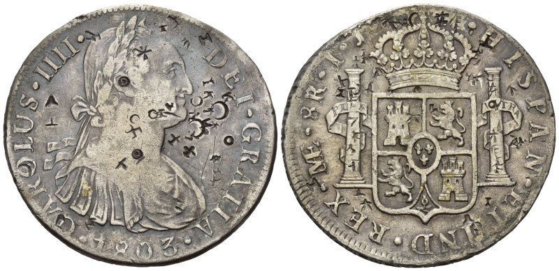 PERU, Carlos IV., 1788-1808, 8 Reales 1803 LIMAE IJ, Lima. Chopmarks. 26,43g.
V...