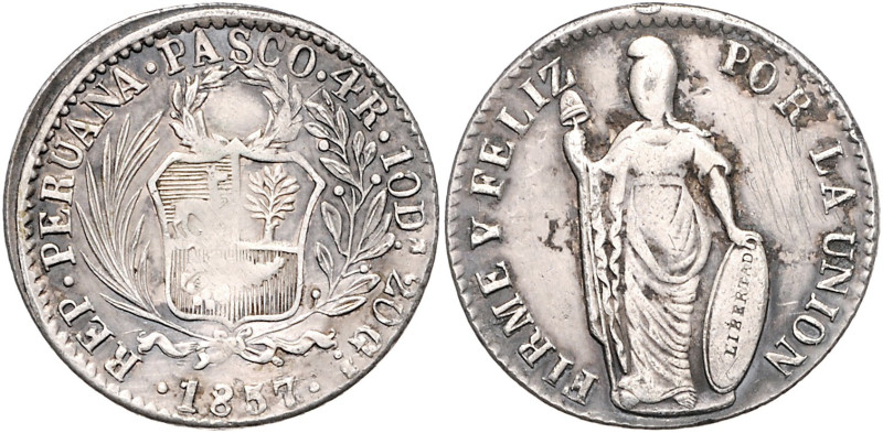 PERU, Republik, seit 1821, 4 Reales 1857 PASCO, Pasco. 12,47g. Erworben 20/06/89...