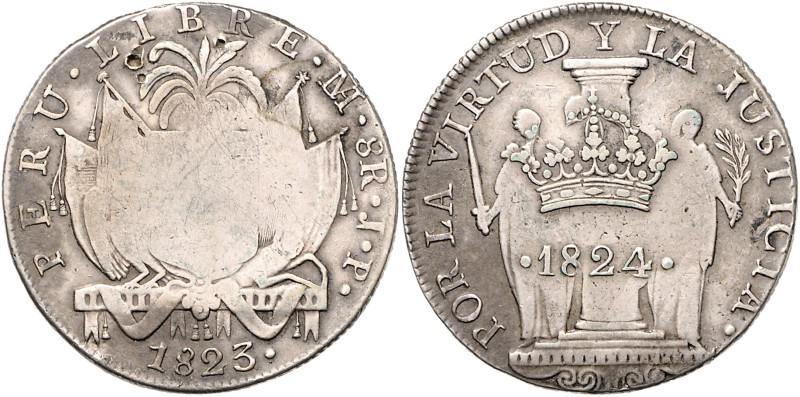 PERU, Republik, seit 1821, 8 Reales 1823 LIMA JP, Lima. Rs.Gegenstempel Krone üb...