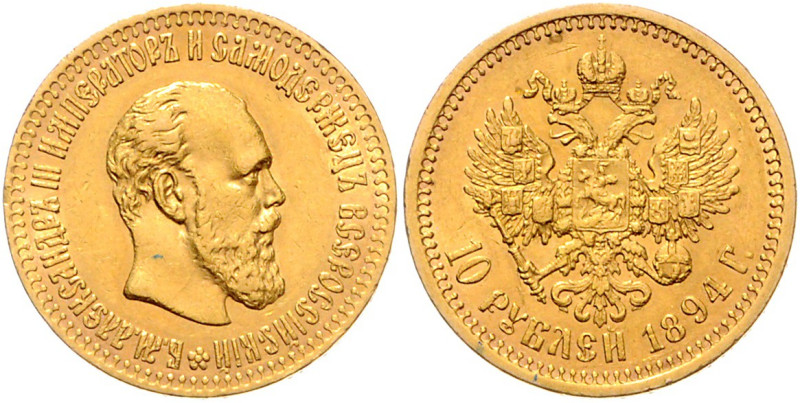 RUSSLAND, Alexander III., 1881-1894, 10 Rubel 1894 AC, St.Petersburg. 12,85g.
W...