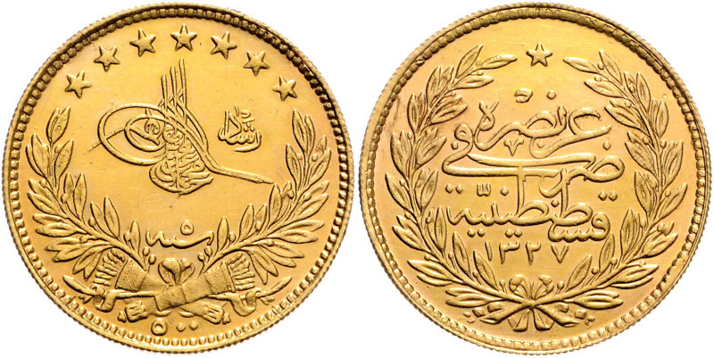 TÜRKEI, Muhammad V., 1909-1918, 500 Kurush AH 1327 Jahr 5 =1913, Konstantinopel....