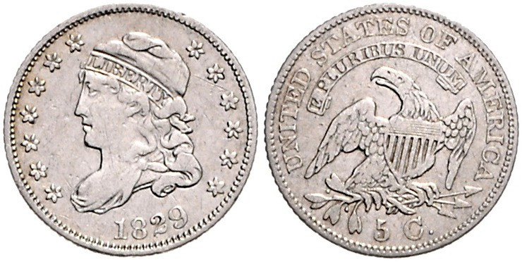 VEREINIGTE STAATEN VON AMERIKA, 5 Cents =Half Dime 1829. Liberty Cap.
ss
KM 47