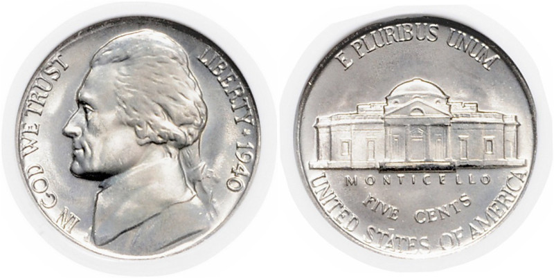 VEREINIGTE STAATEN VON AMERIKA, 5 Cents 1940, Philadelphia. Jefferson Nickel.
A...