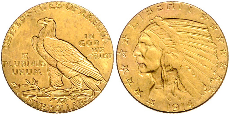 VEREINIGTE STAATEN VON AMERIKA, 5 Dollars 1914 D, Denver. Indian Head. 8,33g.
W...