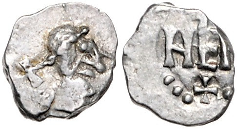 MEROWINGER, Patricius Nemfidius, 670-750, AR Denier o.J., Marseille. Diad. Büste...