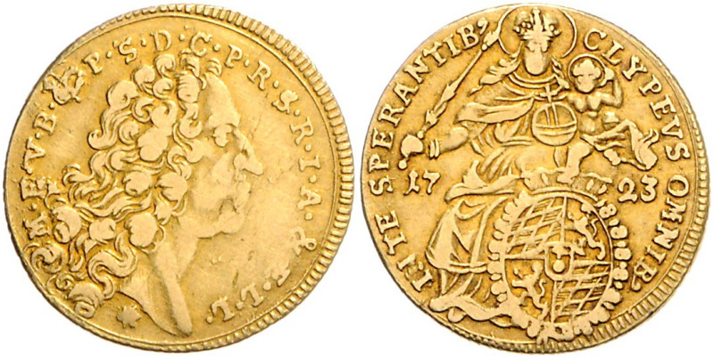 BAYERN, Maximilian II. Emanuel, 1679-1726, Max d'or 1723. 6,15g.
GOLD, kl.Rdf.,...