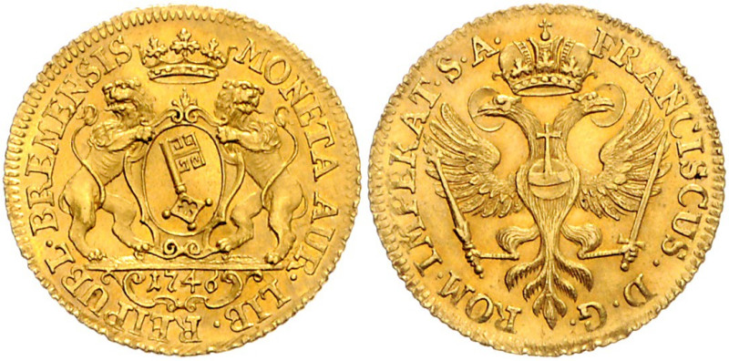 BREMEN, STADT, Dukat 1746. Mit Titel Franz I. 3,48g.
GOLD, selten, l.gewellt, v...