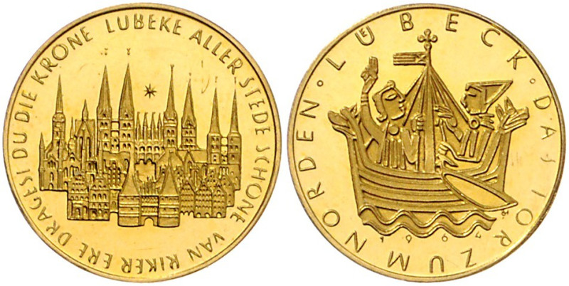 LÜBECK, STADT, Goldmed. (.900) 1964 von MF. Stadtansicht von Westen. Rs.Stilis. ...