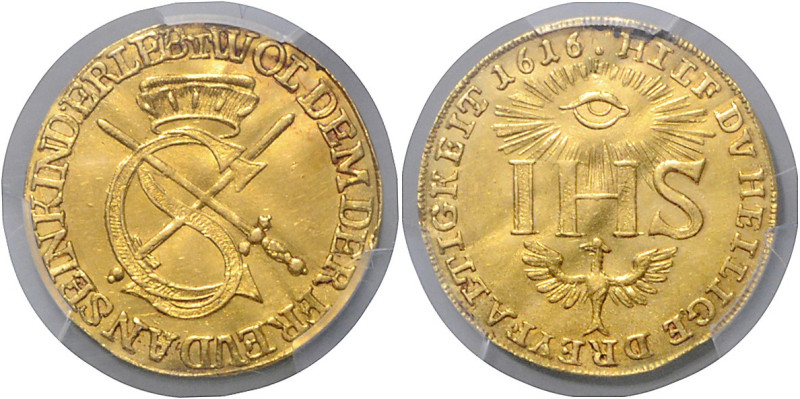 SACHSEN, Johann Georg I., 1615-1656, Sophiendukat 1616 IHS. Ca.3,50g.
GOLD, PCG...