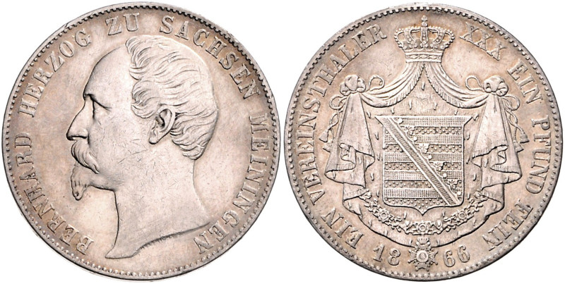 SACHSEN-MEININGEN, Bernhard II. Erich Freund, 1821-1866, Vereinstaler 1866.
vz...