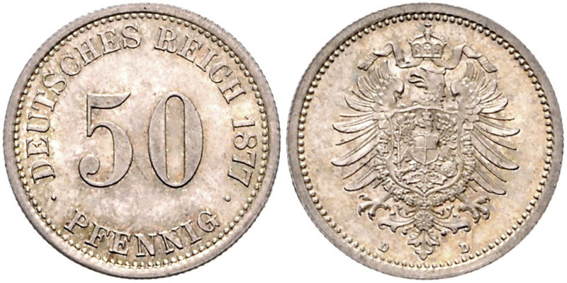 KLEINMÜNZEN, 50 Pfennig 1877 D. Aus alter norddeutscher Sammlung.
feine Tönung,...