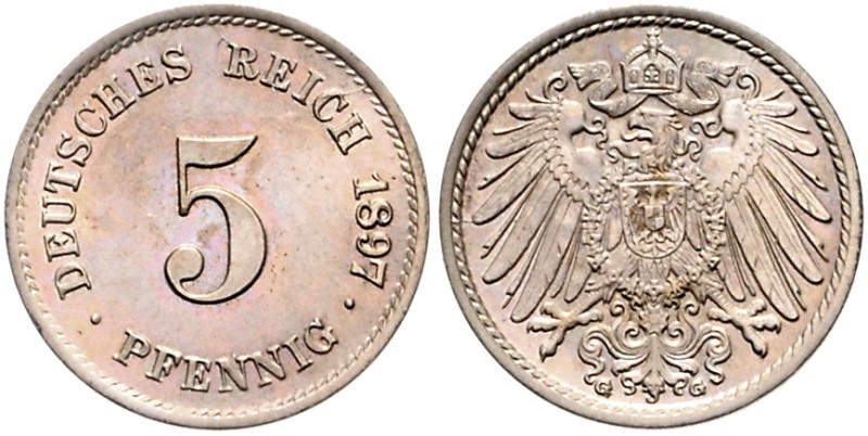 KLEINMÜNZEN, 5 Pfennig 1897 G. Aus alter norddeutscher Sammlung.
vz+
J.12