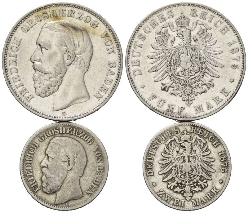 BADEN, Friedrich I., 1856-1907, 5 Mark 1875 G (ss), 2 Mark 1876 G (s).
2 Stk., ...