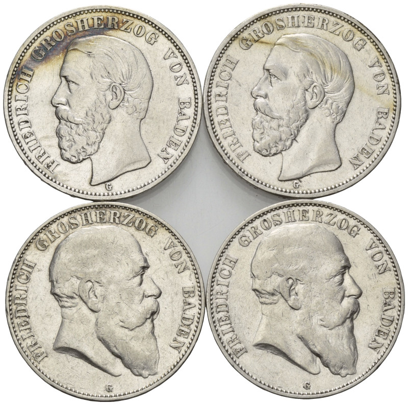 BADEN, Friedrich I., 1856-1907, 5 Mark 1900 G, 1901 G, 1903 G, 1904 G.
4 Stk., ...