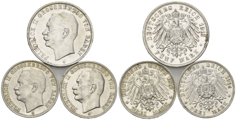 BADEN, Friedrich II., 1907-1918, 5 Mark 1913 G, 3 Mark 1912 G, 1914 G.
3 Stk., ...