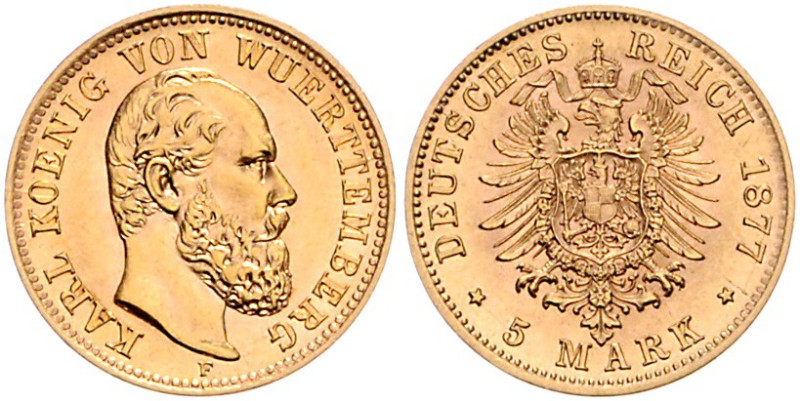 WÜRTTEMBERG, Karl, 1864-1891, 5 Mark 1877 F.
Prachtex., st
J.291