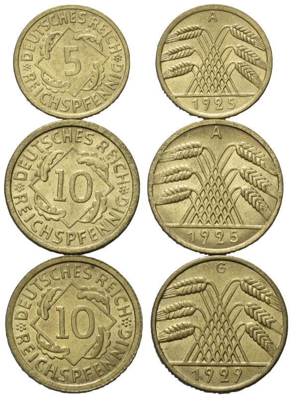 WEIMARER REPUBLIK, 1919-1933, 5 Reichspfennig 1925 A; 10 Reichspfennig 1925 A; 1...