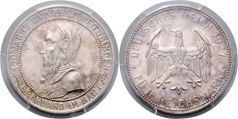 WEIMARER REPUBLIK, 1919-1933, 5 Reichsmark 1927 F. Tübingen.
Prachtex., PCGS PR...