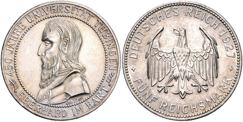 WEIMARER REPUBLIK, 1919-1933, 5 Reichsmark 1927 F. Tübingen. Aus alter norddeuts...