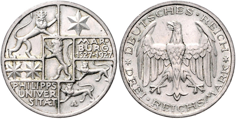 WEIMARER REPUBLIK, 1919-1933, 3 Reichsmark 1927 A. Marburg.
vz
J.330