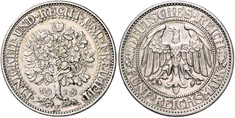 WEIMARER REPUBLIK, 1919-1933, 5 Reichsmark 1929 E. Eichbaum.
vz/st
J.331