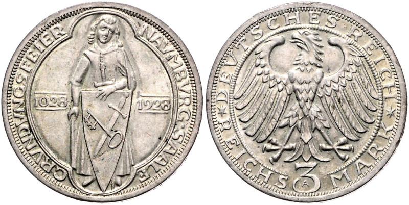 WEIMARER REPUBLIK, 1919-1933, 3 Reichsmark 1928 A. Naumburg.
kl.Rdf., vz+
J.33...