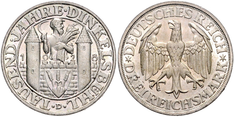 WEIMARER REPUBLIK, 1919-1933, 3 Reichsmark 1928 D. Dinkelsbühl. Aus alter nordde...