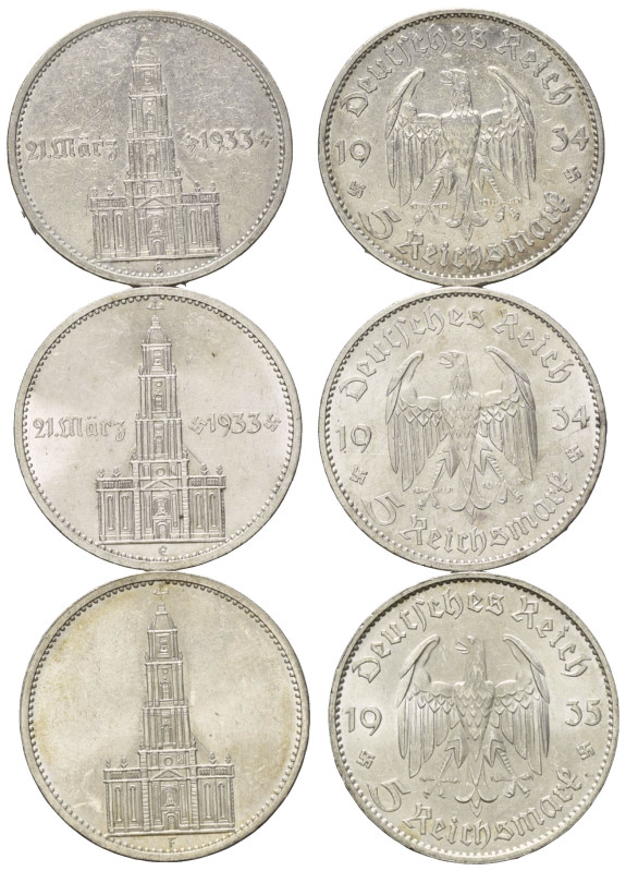 DRITTES REICH, 1933-1945, 5 Reichsmark 1934 E(vz-st)+1934 G(ss). Garnisonkirche ...