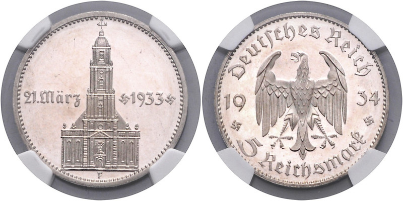 DRITTES REICH, 1933-1945, 5 Reichsmark 1934 F. Garnisonkirche mit Datum.
Pracht...