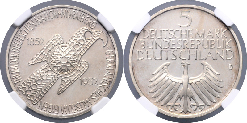 BUNDESREPUBLIK DEUTSCHLAND, 5 DM 1952 D. Germanisches Museum. Nur 2 Ex. in PF-66...