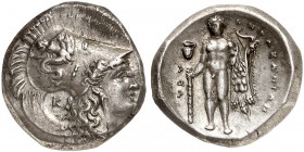 COINS OF THE GREEK WORLD. LUCANIA. Heracleia. Stater 330/325-281 BC. Ι-ΗΠΑΚΛΗΙΩΝ Head of Athena wearing Corinthian helmet to right, decorated with Sky...