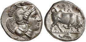 COINS OF THE GREEK WORLD. LUCANIA. Thurium. Nomos c. 350-300 BC. Head of Athena to right, wearing Attic helmet decorated with Skylla. Rv. ΘΟΥΡΙΩΝ Bull...