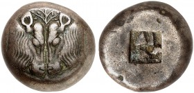 COINS OF THE GREEK WORLD. LESBOS. Mytilene. Stater, Billon 520-500 BC. Confronted heads of two calves, between them, olive twig. Rv. Incuse square. 11...