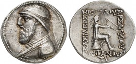 COINS OF THE GREEK WORLD. PARTHIAN EMPIRE. Mithradates II, 123-88. Tetradrachm 120/19-109 BC, Seleukeia on Tigris mint. Diademed bust left within pell...