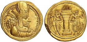 COINS OF THE GREEK WORLD. SASANIAN KINGDOM. Shapur I. 240-270. Gold Dinar 240-272, Ktesiphon. Draped bust right, wearing diadem and mural crown surmou...