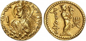 COINS OF THE GREEK WORLD. KUSHAN KINGS. Huvishka, c. 152-192. Stater c. 126-146. Nimbate, crowned, and diademed half-length bust left on clouds, holdi...