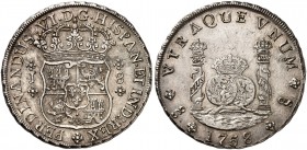 CHILE. Fernando VI. 1746-1759. 8 Reales 1758, J-Santiago. *FERDINANDUS.VI.D.G.HISPAN.ET IND.REX Gekröntes, vierfeldiges Wappen (Kastilien/Leon) mit Mi...