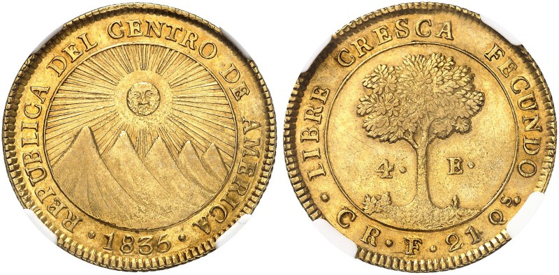COSTA RICA. Republik. 4 Escudos 1835, San Jose. Strahlende Sonne über Vulkangebi...