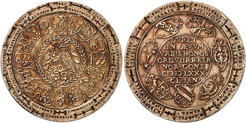 DEUTSCHLAND. Nürnberg, Stadt. Vergoldete Silbermedaille 1580. Sogenannter Pflega...