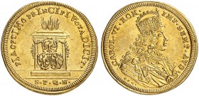 DEUTSCHLAND. Nürnberg, Stadt. Dukat 1712 (Chronogramm). Auf die Huldigung der Stadt für Kaiser Karl VI. Altar mit Girlande über drei Wappen, oben bren...