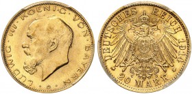 DEUTSCHLAND. Deutsche Reichsmünzen. Bayern, Königreich. Ludwig III. 1913-1918. 20 Mark 1914, München. J. 202. Fr. 3772. Selten / Rare. PCGS MS63. (~€ ...