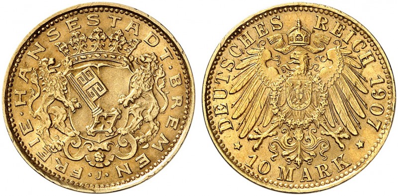 DEUTSCHLAND. Deutsche Reichsmünzen. Bremen, Hansestadt. 10 Mark 1907 J, Hamburg....