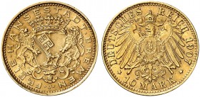 DEUTSCHLAND. Deutsche Reichsmünzen. Bremen, Hansestadt. 10 Mark 1907 J, Hamburg. 3.94 g. J. 204. Fr. 3774. Selten / Rare. Vorzüglich / Extremely fine....