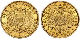 DEUTSCHLAND. Deutsche Reichsmünzen. Lübeck, Hansestadt. 10 Mark 1906 A, Berlin. 3.98 g. J. 228. Fr. 3799. Fast FDC / About uncirculated. (~€ 1755/USD ...